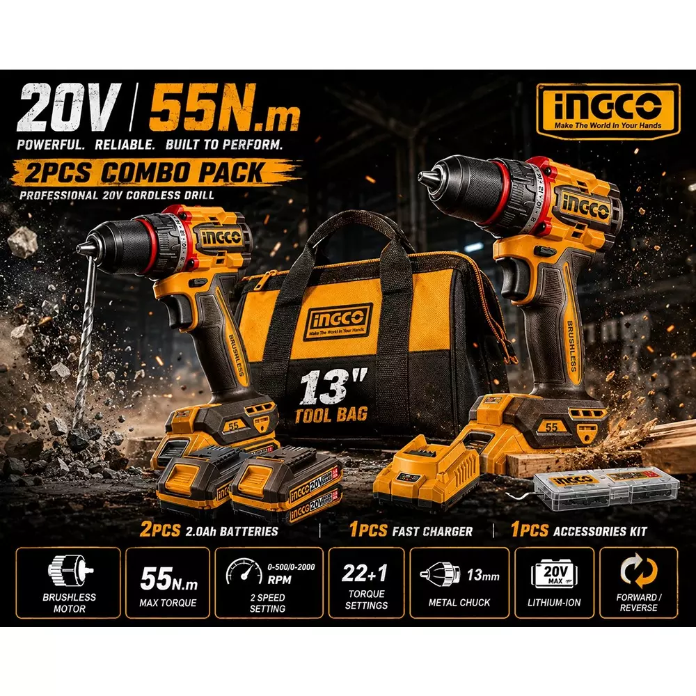 ingco-2-pcs-55-nm-cordless-drill-machine-combo-kit-13-mm-keyless-chuck-and-0-5000-2000-rpm-2-speed-settings-with-battery-charger