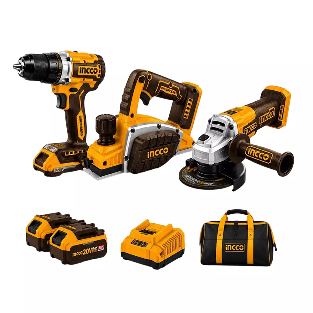 INGCO 3 Pcs Carpenter Tools Combo Kit Includes 55 NM Cordless Drill, Planer and Angle Grinder (With Battery & Charger)