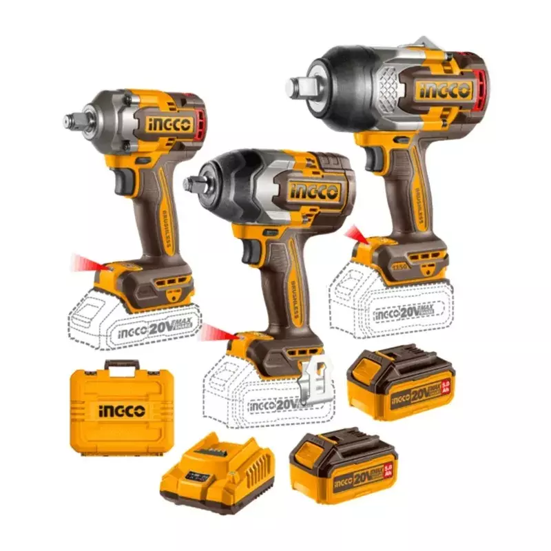 Ingco Cordless Impact Wrench Combo Kit with 1350 Nm, 850 Nm, 400 Nm Fastening Torque, COSLI250386 (With Battery, Charger & Socket Set)