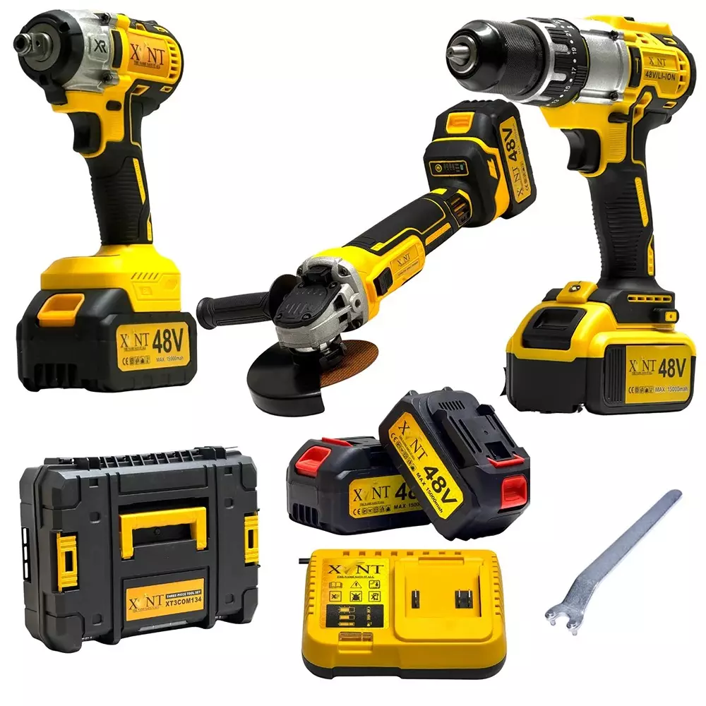 XLNT 48 V Cordless Angle Grinder, Drill, Impact Wrench Kit 0-8500 RPM (Grinder), 0-3000 RPM (Wrench), 0-2800 RPM (Drill) No Load Speed, XT3COM134 (With Battery & Charger)