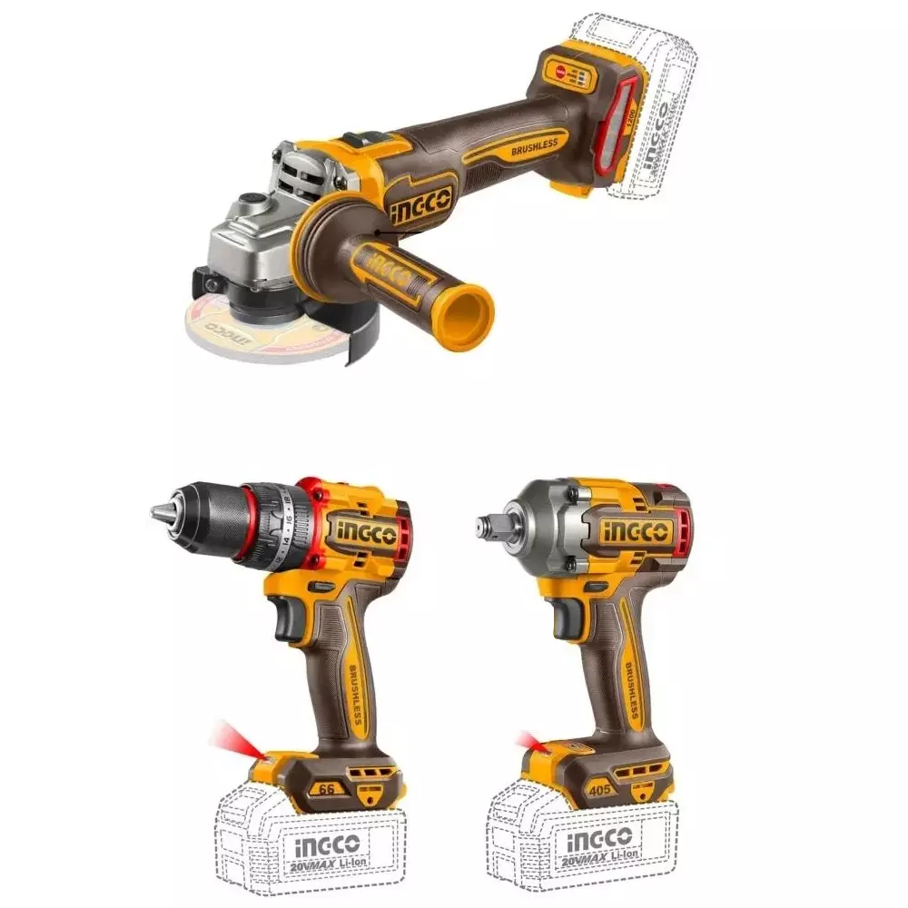 Ingco Cordless Power Tools Combo Kit Includes Cordless Angle Grinder, Compact Brushless Cordless Impact Drill, Cordless Impact Wrench with Spindle Lock Function, CKLI20358