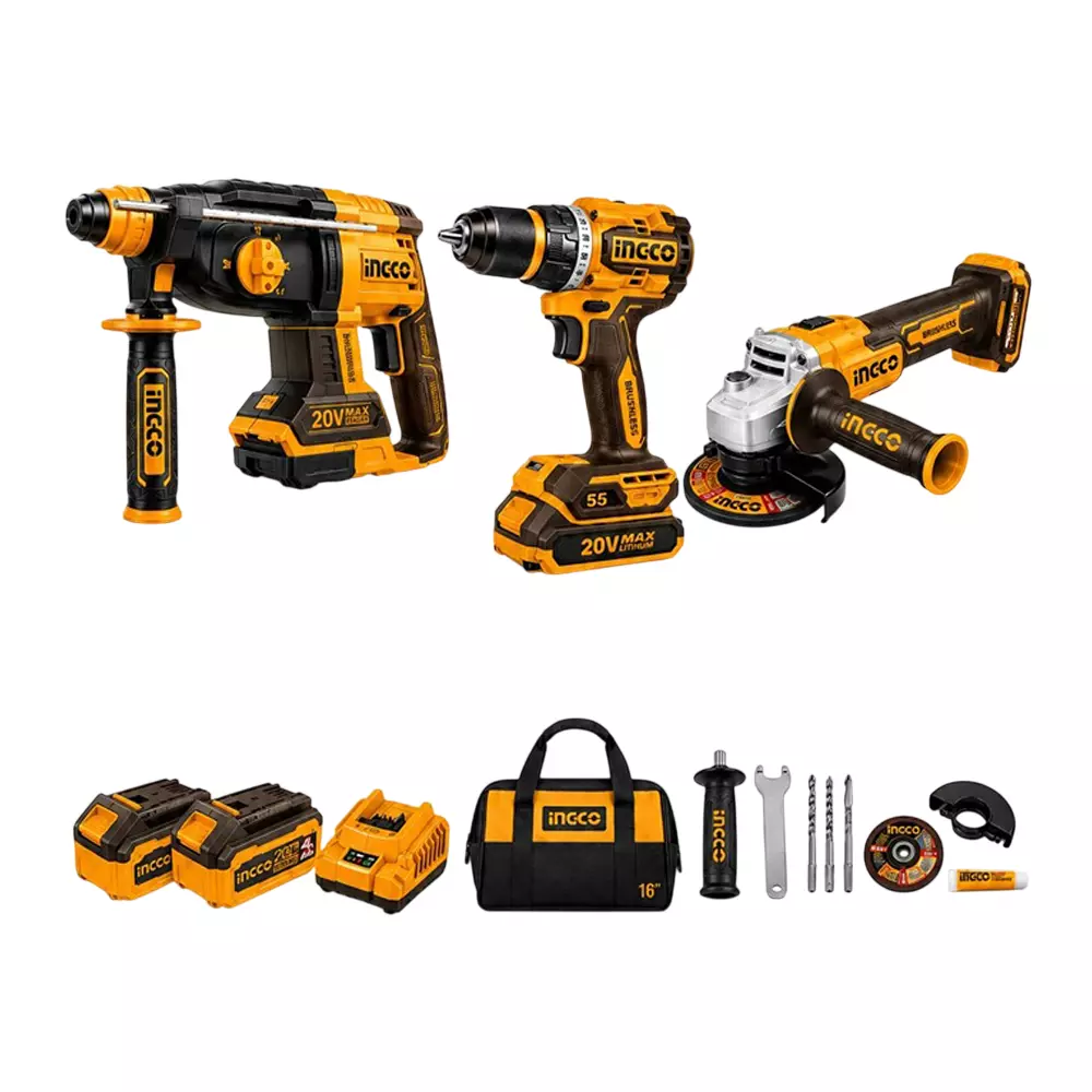 INGCO 3-in-1 Cordless Power Tool Combo Kit Includes 55 NM Impact Drill, 100 mm Angle Grinder and 26 mm Rotary Hammer (With Battery & Charger)