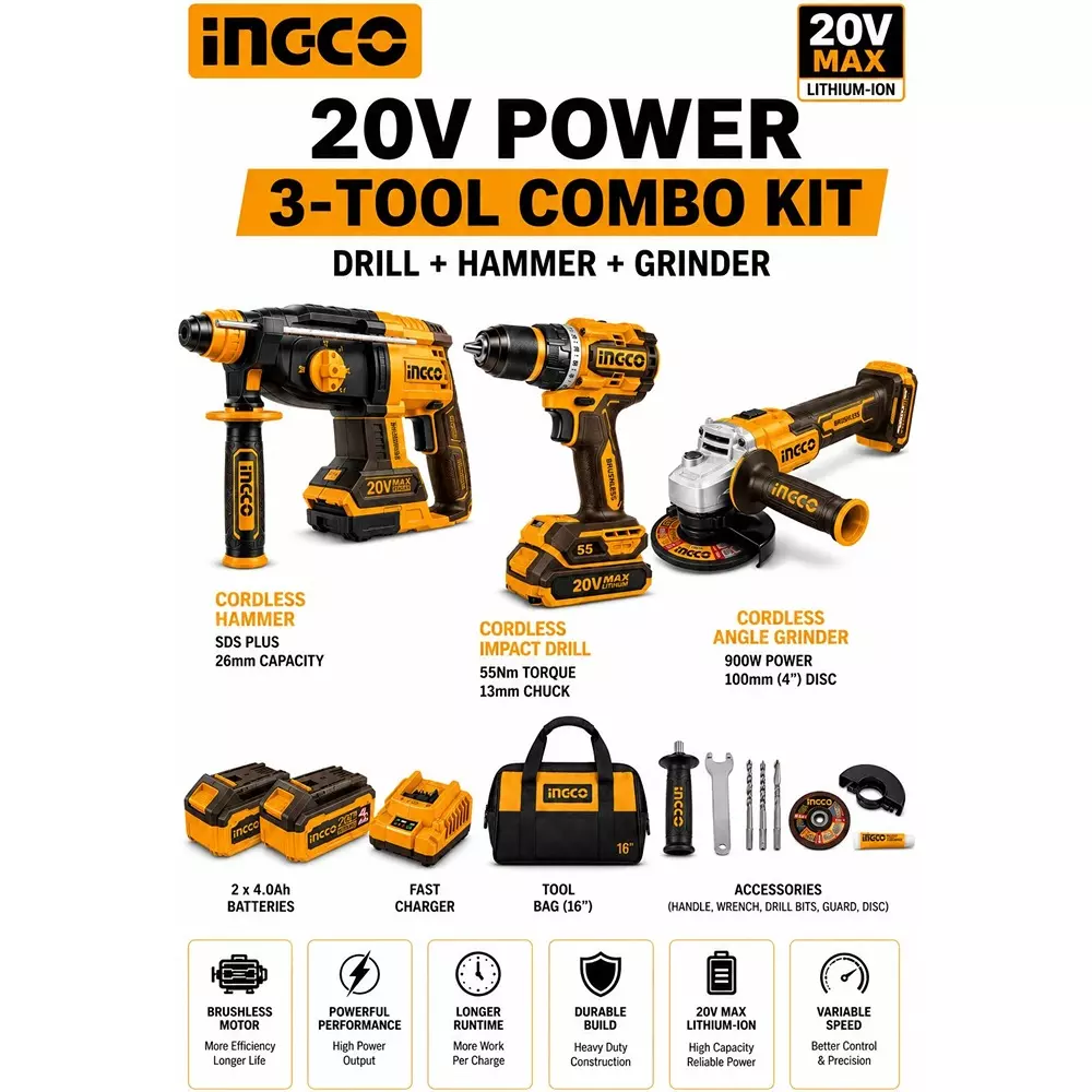 ingco-3-in-1-cordless-power-tool-combo-kit-includes-55-nm-impact-drill-100-mm-angle-grinder-and-26-mm-rotary-hammer-with-battery-charger
