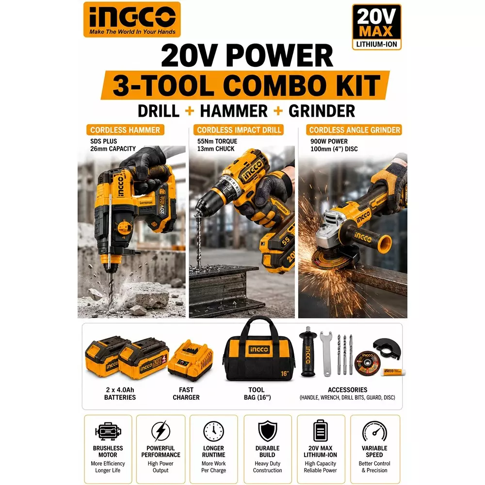 ingco-3-in-1-cordless-power-tool-combo-kit-includes-55-nm-impact-drill-100-mm-angle-grinder-and-26-mm-rotary-hammer-with-battery-charger