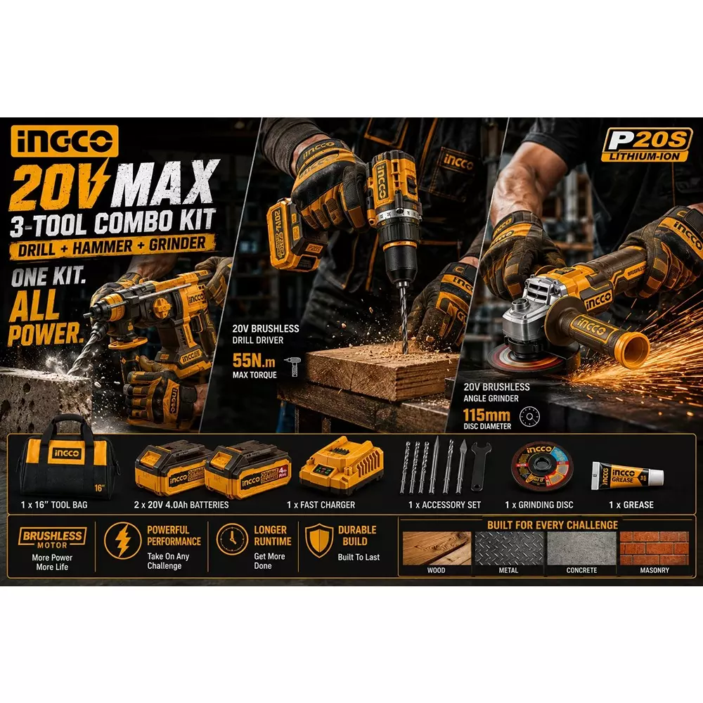 ingco-3-in-1-cordless-power-tool-combo-kit-includes-55-nm-impact-drill-100-mm-angle-grinder-and-26-mm-rotary-hammer-with-battery-charger