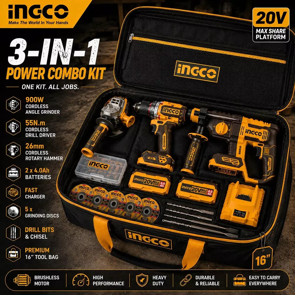 ingco-3-in-1-cordless-power-tool-combo-kit-includes-55-nm-impact-drill-100-mm-angle-grinder-and-26-mm-rotary-hammer-with-battery-charger