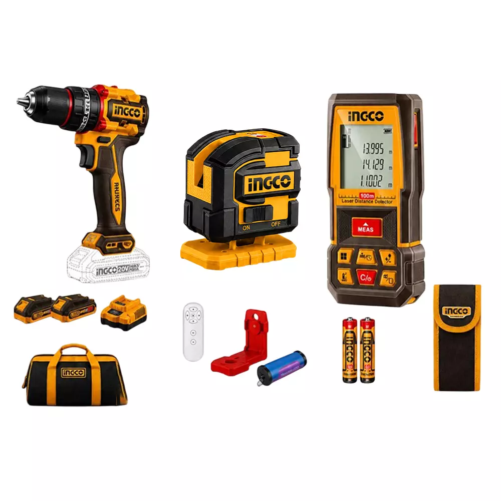 INGCO 3 Pcs Combo Tool Kit Includes 20 V Cordless Impact Drill, Green Line Laser Level and 110 m Laser Distance Meter (With Battery & Charger)