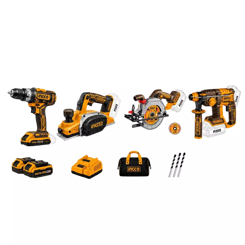 INGCO 4 Pcs Cordless Power Tools Combo Kit Includes 55 NM Drill, 140 mm Circular Saw, 82 mm Planer and 22 mm Rotary Hammer, CDPLCT2255 (With Battery & Charger)