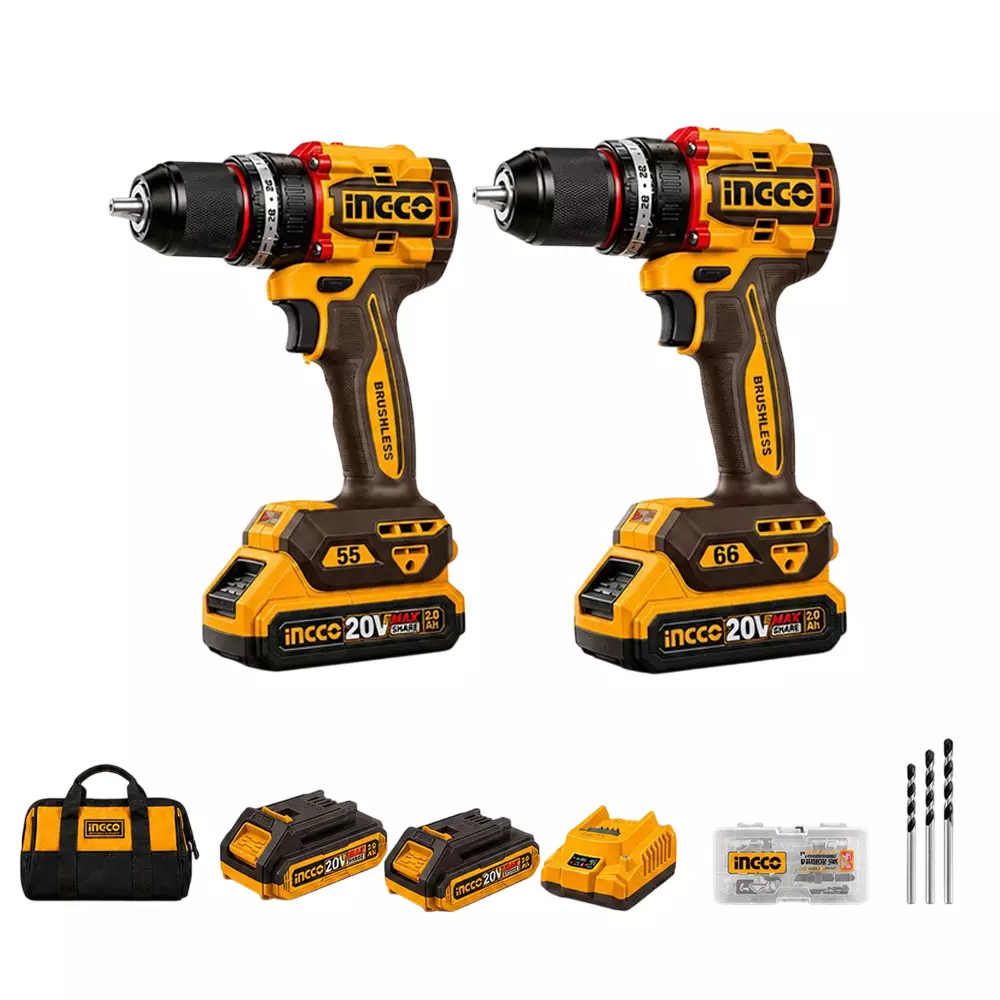 INGCO 2 Pcs Cordless Impact Drill Combo Kit 55 NM and 60 NM Torque, 13 mm Keyless Chuck and 2 Speed Settings (With Battery & Charger)