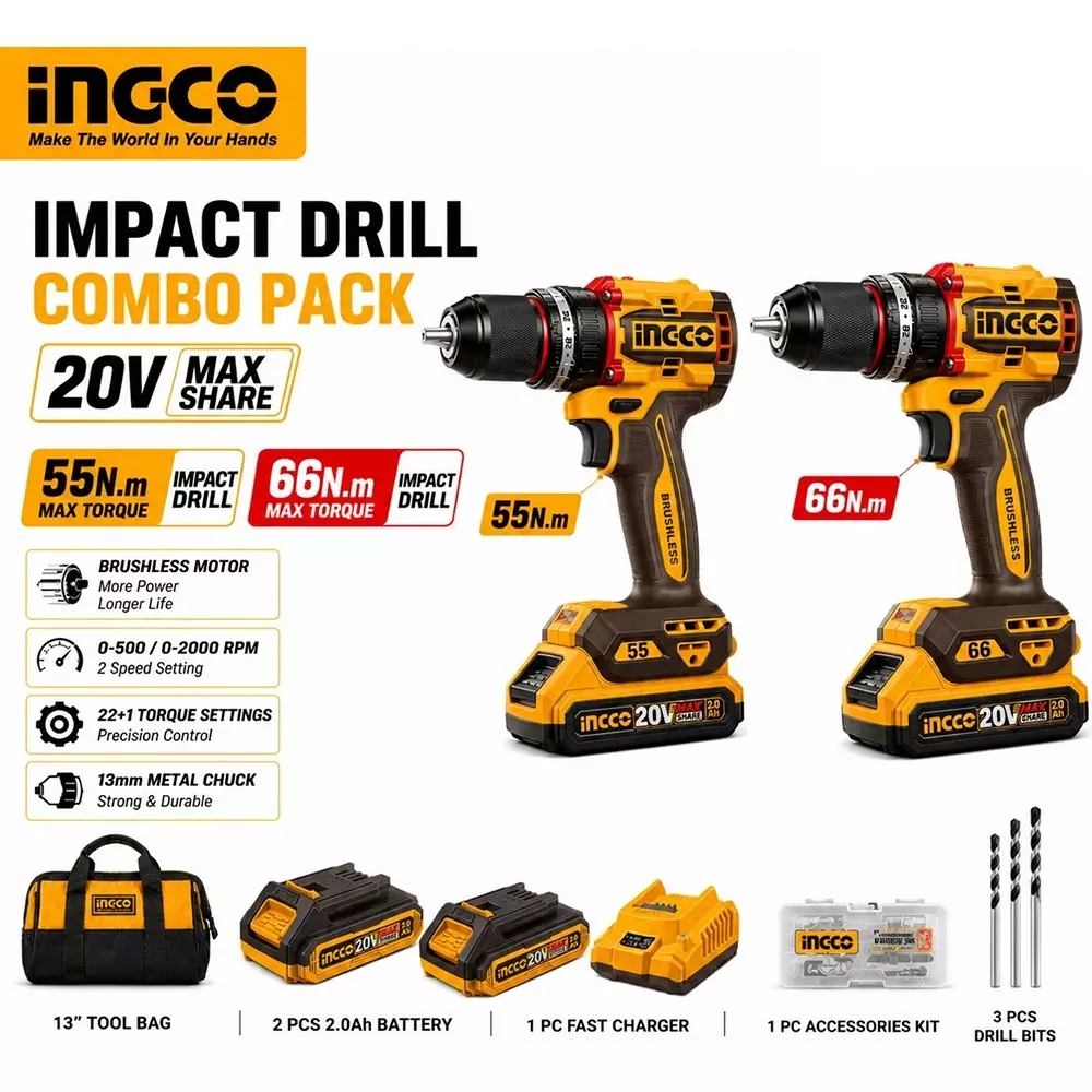 ingco-2-pcs-cordless-impact-drill-combo-kit-55-nm-and-60-nm-torque-13-mm-keyless-chuck-and-2-speed-settings-with-battery-charger