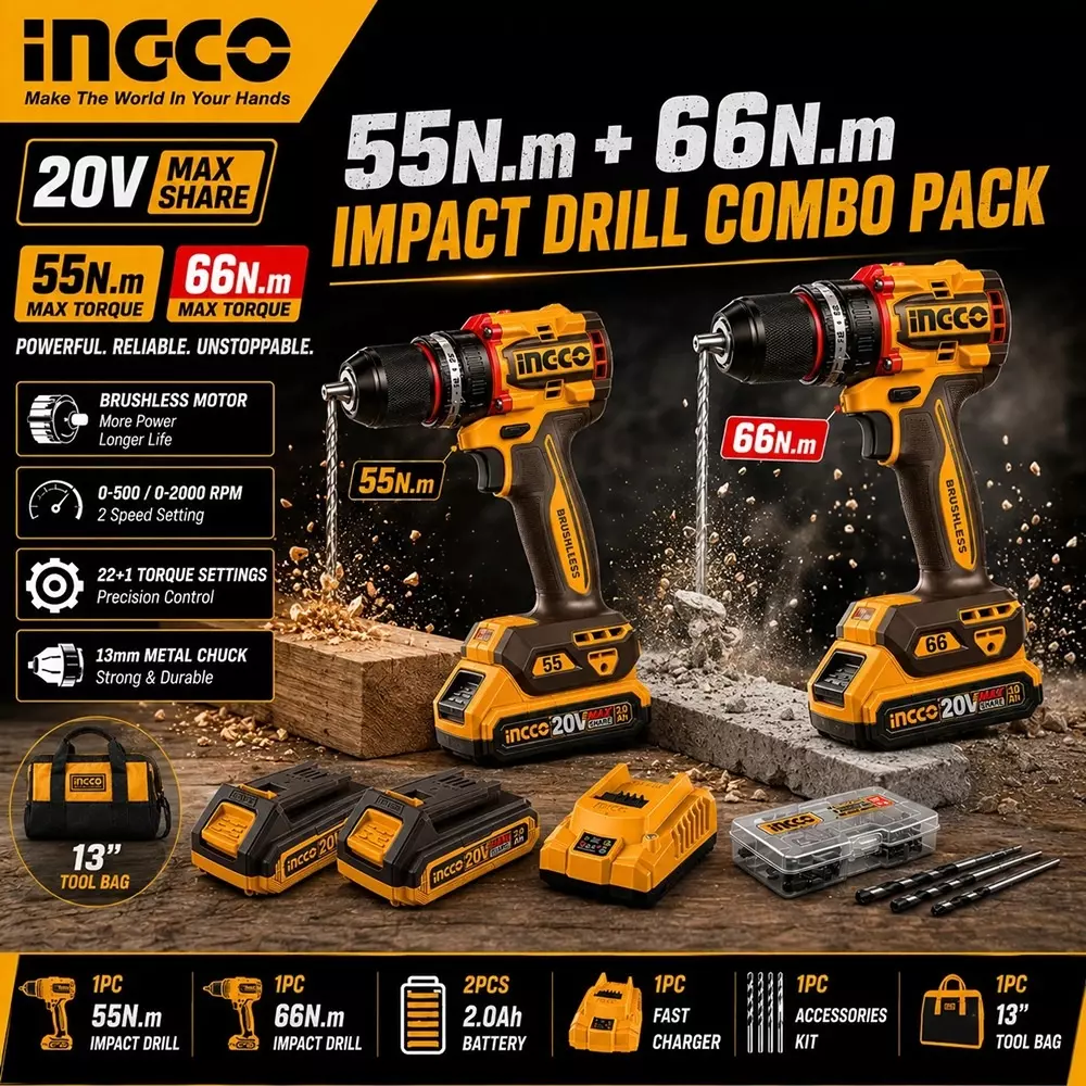 ingco-2-pcs-cordless-impact-drill-combo-kit-55-nm-and-60-nm-torque-13-mm-keyless-chuck-and-2-speed-settings-with-battery-charger