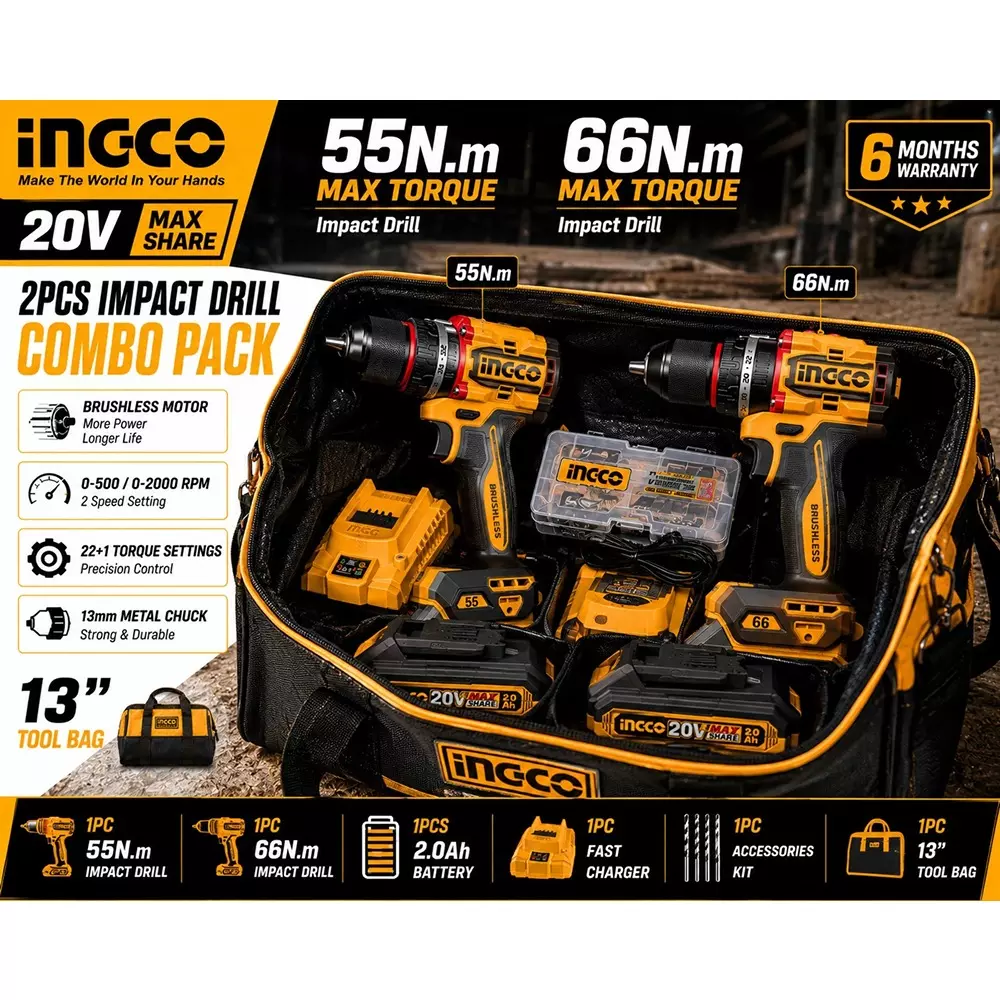 ingco-2-pcs-cordless-impact-drill-combo-kit-55-nm-and-60-nm-torque-13-mm-keyless-chuck-and-2-speed-settings-with-battery-charger