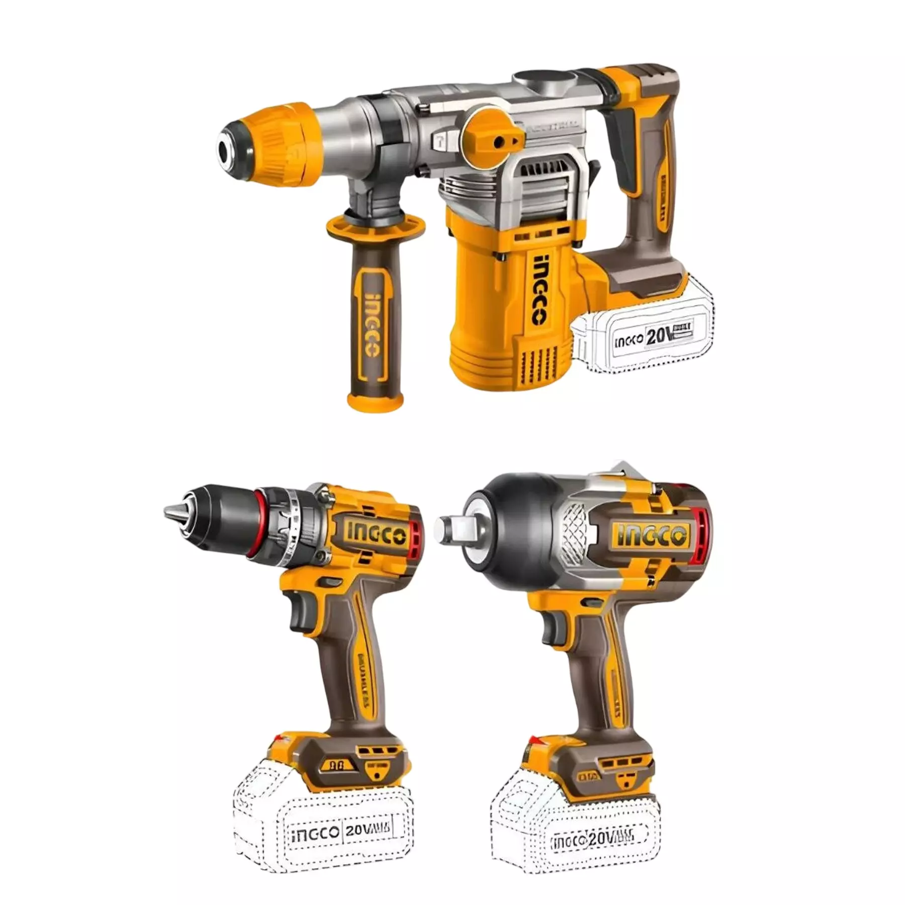 Ingco Cordless Power Tools Combo Kit Includes Cordless Rotary Hammer, Cordless Impact Wrench, Brushless Cordless Impact Drill with Spindle Lock Function, COSLI250281