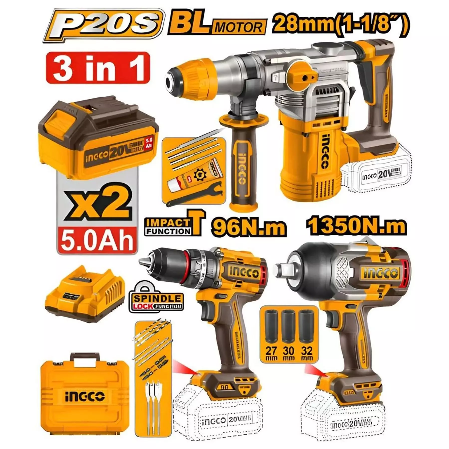 ingco-cordless-combo-kit-3-pcs-brushless-motor-20-v-battery-voltage-with-spindle-lock-function-cosli250281