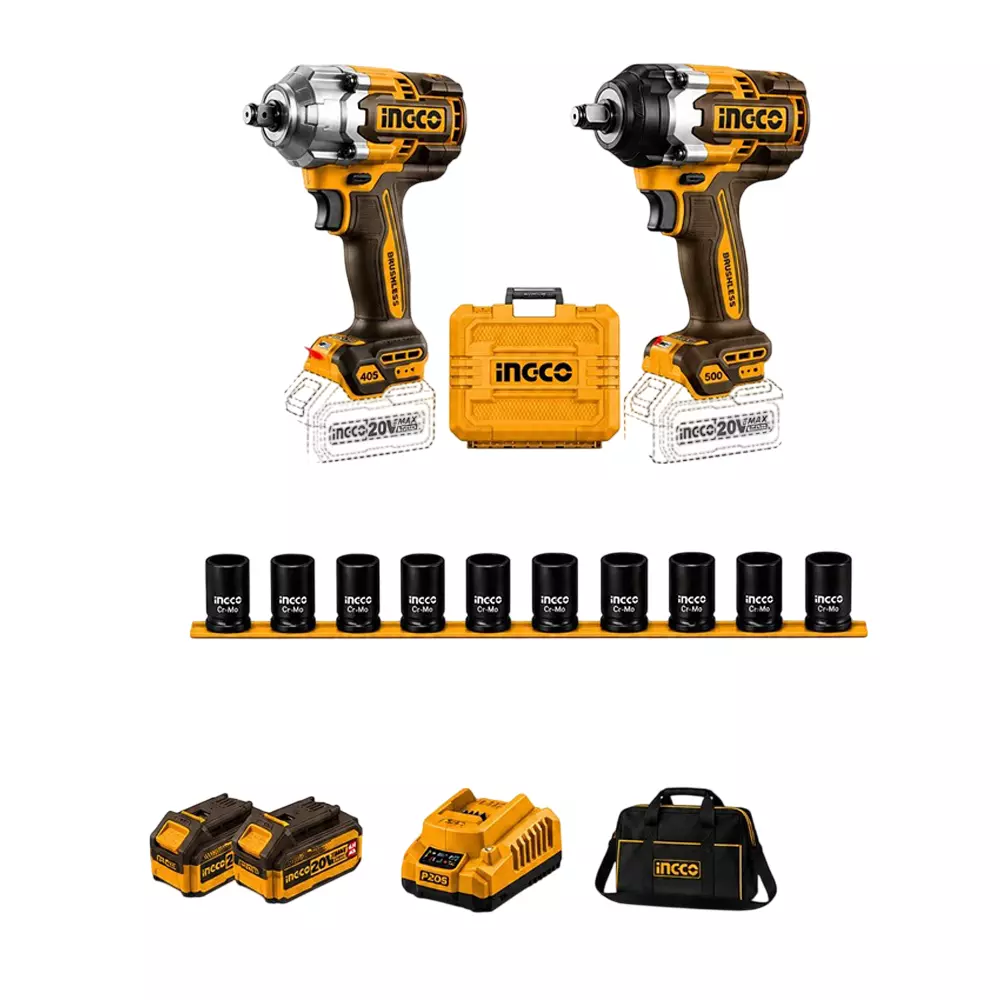 INGCO 2 Pcs Cordless Wrench Combo Kit 405 NM and 500 NM Torque, 1/2 inch (12.7 mm) Drive Size and Variable Speed (With Battery & Charger)