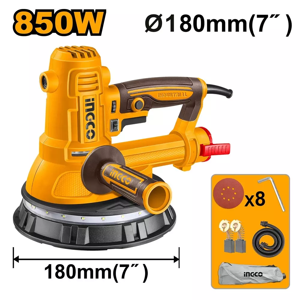 Ingco Dry Wall Sander with With Sand Papers & Accessories, 180 mm Grinding Pad Diameter and 2900 RPM No Load Speed, DWS10508