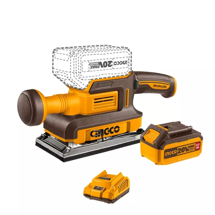 INGCO 20 V Cordless Finishing Sander, 13000 RPM No Load Speed Brushless Motor and 180 mm Size, CFSLI20311 (With Battery & Charger)