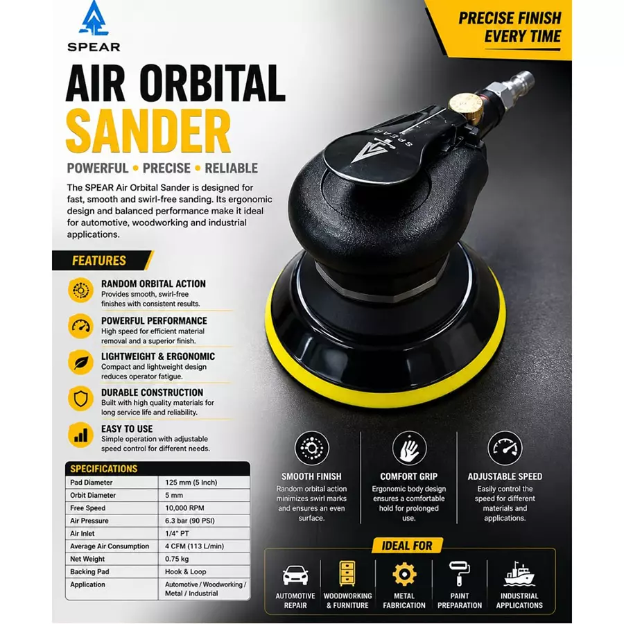 spear-air-orbital-sander-5-inch-125-mm-pad-diameter-10000-rpm-no-load-speed-90-psi-air-pressure-4-cfm-air-consumption