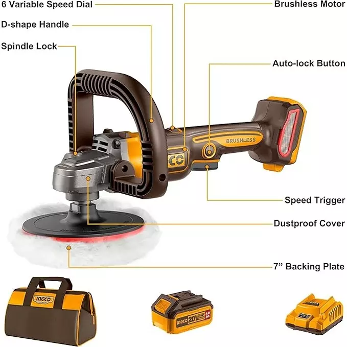 Ingco Cordless Polisher 180 mm Polishing Pad Dia. and 400 - 2500 RPM, APLI20181