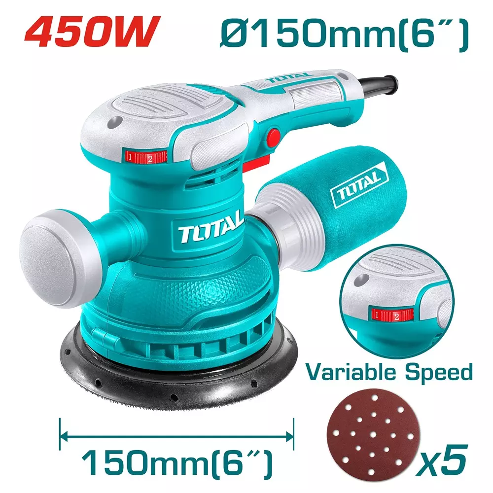 total-rotary-sander-450-w-150-mm-variable-speed-6000-12000-rpm-velcro-base-tf2061506-with-sanding-papers