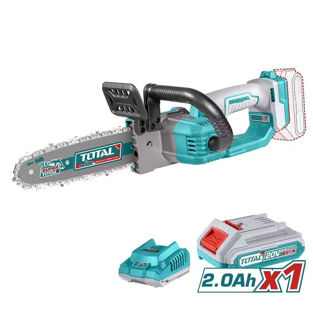Total 20 V Lithium- Ion Chain Saw with Battery & Charger Brushless 20 cm (8 inch) Bar Length, TGSLI20851