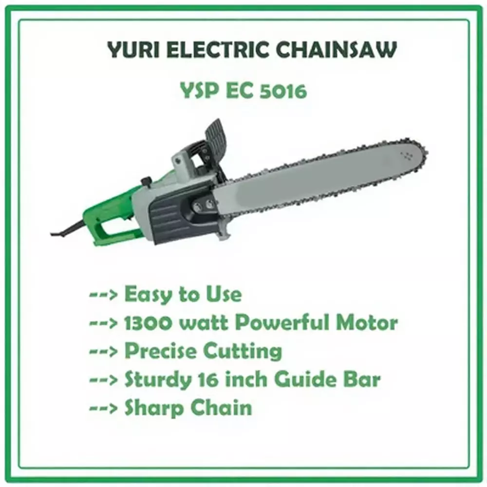 Yuri Electric Chainsaw Corded Electric 40.64 cm Bar Length 220 V 50 Hz 405 RPM Speed 1300 W Polished Green for Industrial Use, YSP-EC-5016