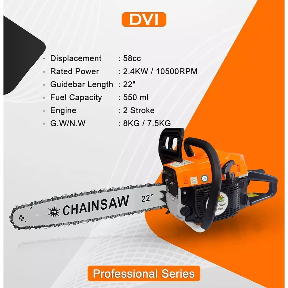 Jawsons Gasoline Chainsaw 58CC Displacement 2-Stroke Engine 2.4 kW Rated Power with 55.88 cm (22 inch) Guide Bar