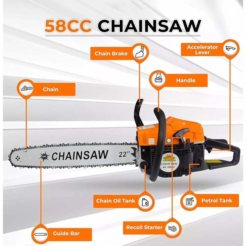 Jawsons Gasoline Chainsaw 58CC Displacement 2-Stroke Engine 2.4 kW Rated Power with 55.88 cm (22 inch) Guide Bar