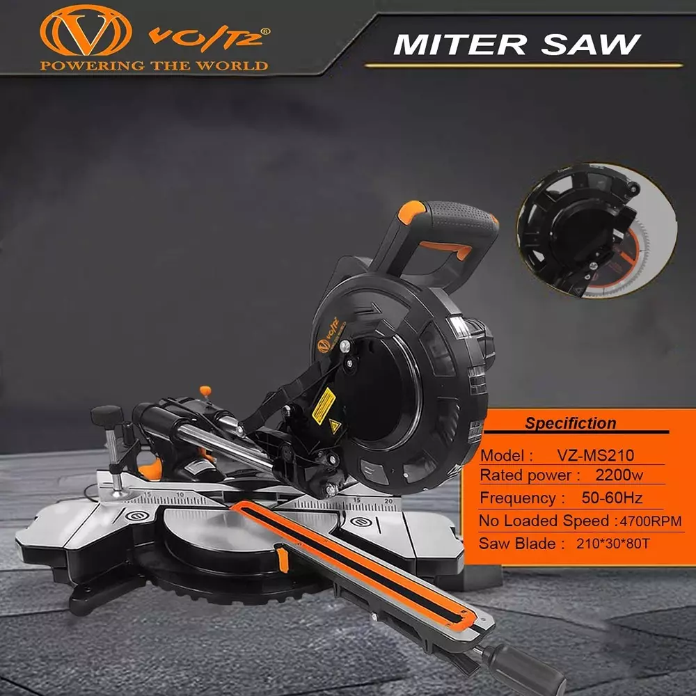 Voltz Miter Saw with Dual Bevel Sliding, 210 mm 80T TCT Blade, 4700 RPM and 2200 W, VZ-MS210 (With Cutting Blade)