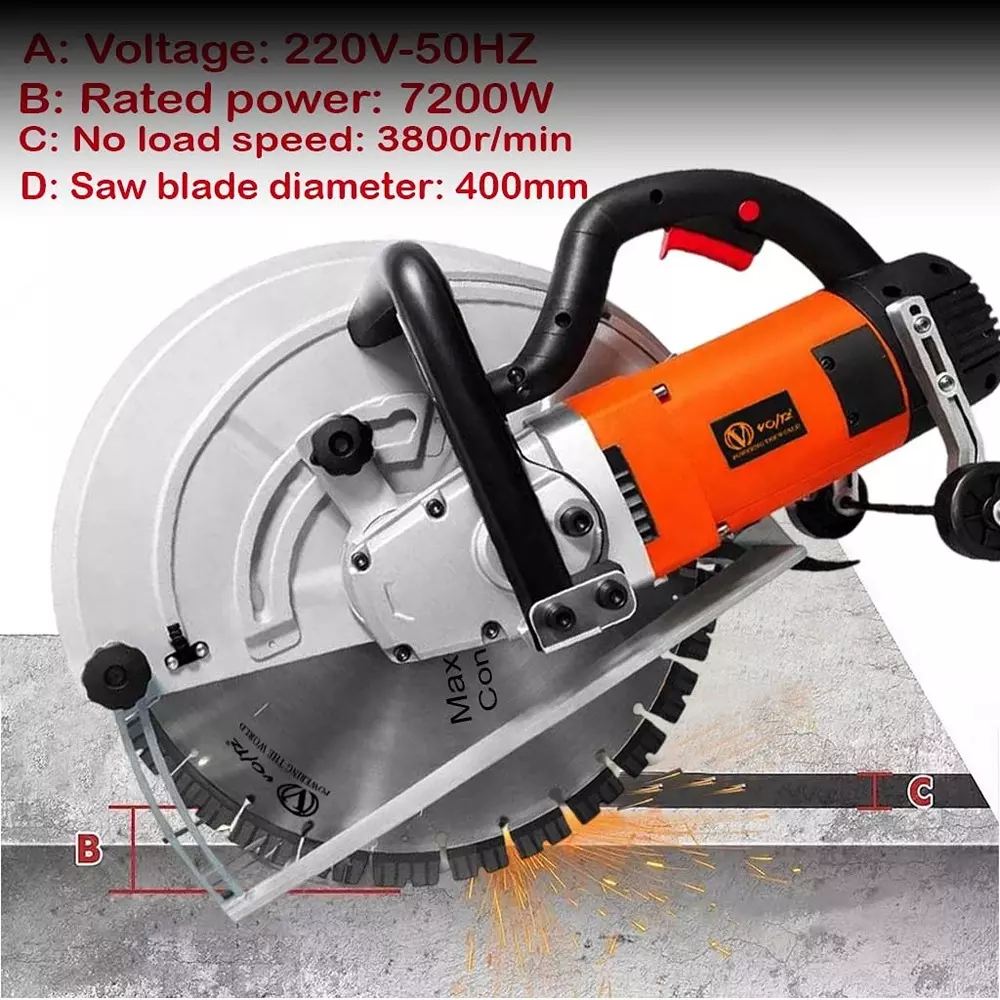 Voltz Electric Wall Chaser with Guide Roller, Water Line, 7200 W Power Rating and 15.7 inch (400 mm) Blade Diameter, VZ-WC-400X (With Blade & Other Accessories)