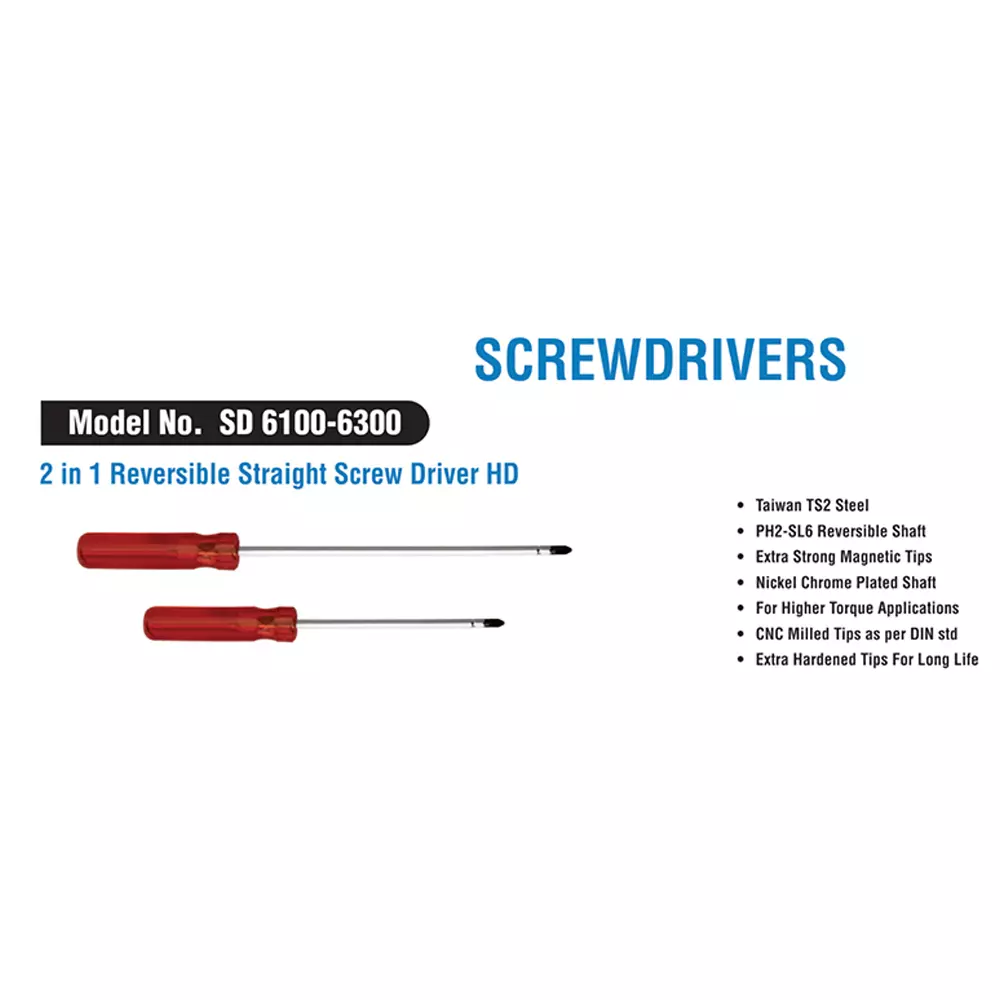 ADRAL 2 IN 1 Reversible Straight Screw Driver HD 200 mm Steel & Plastic Red & Silver for Industrial Use, SD6200