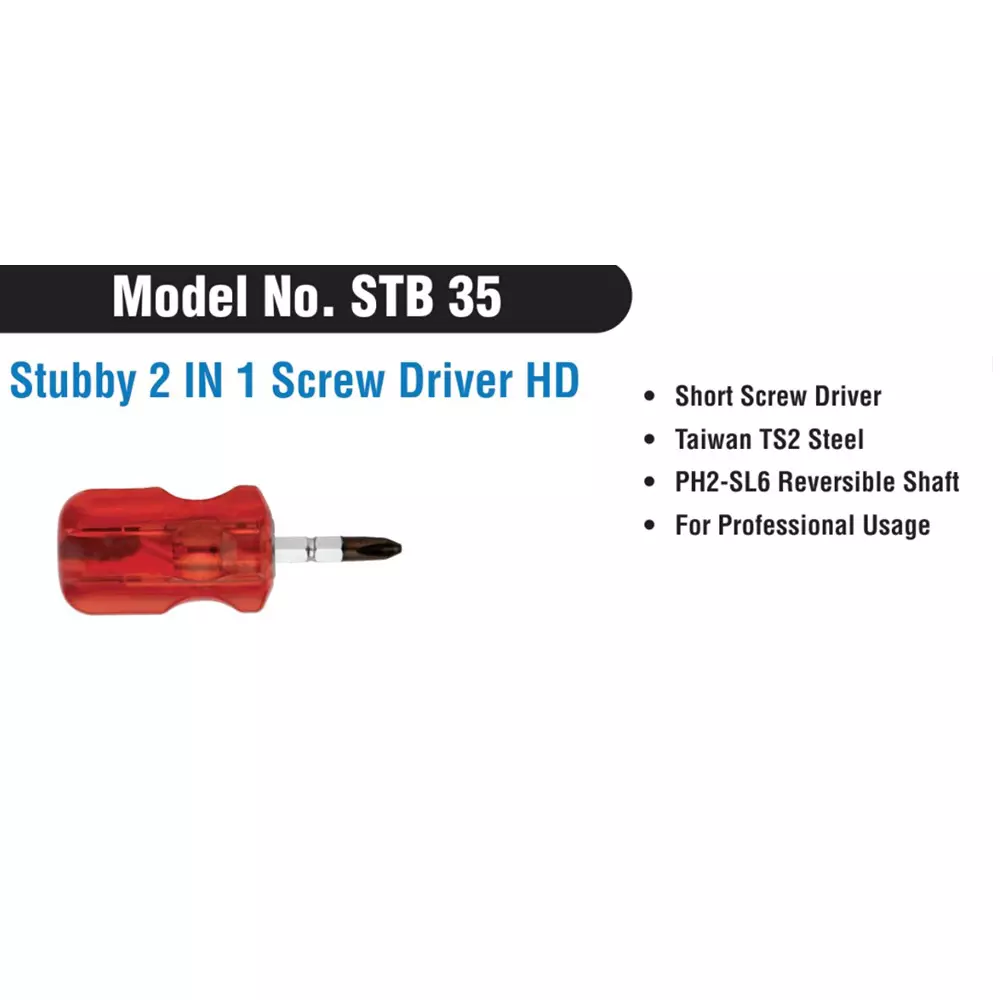ADRAL 2 IN 1 Stubby Screw Driver HD Short Screw Driver 35 mm Steel & Plastic Red & Silver for Industrial Use, STB 35