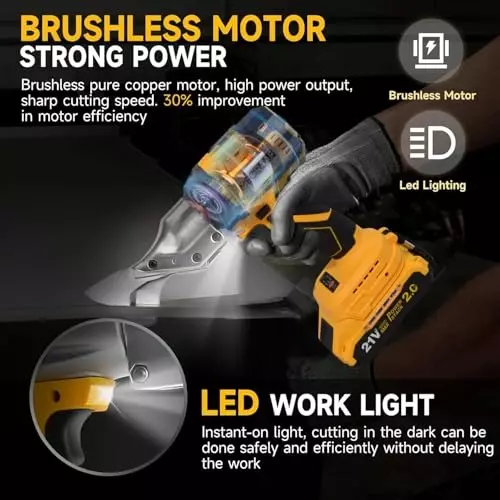 MECRAAF Cordless Brushless Metal Shear with Battery & Charger Kit Brushless Motor 21 V 2200 RPM Speed Yellow & Black, MC-TC