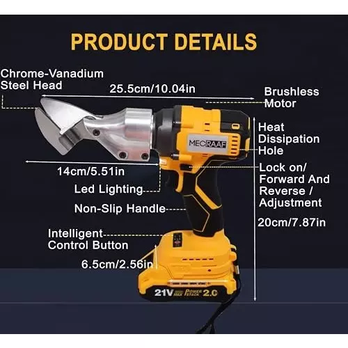 MECRAAF Cordless Brushless Metal Shear with Battery & Charger Kit Brushless Motor 21 V 2200 RPM Speed Yellow & Black, MC-TC