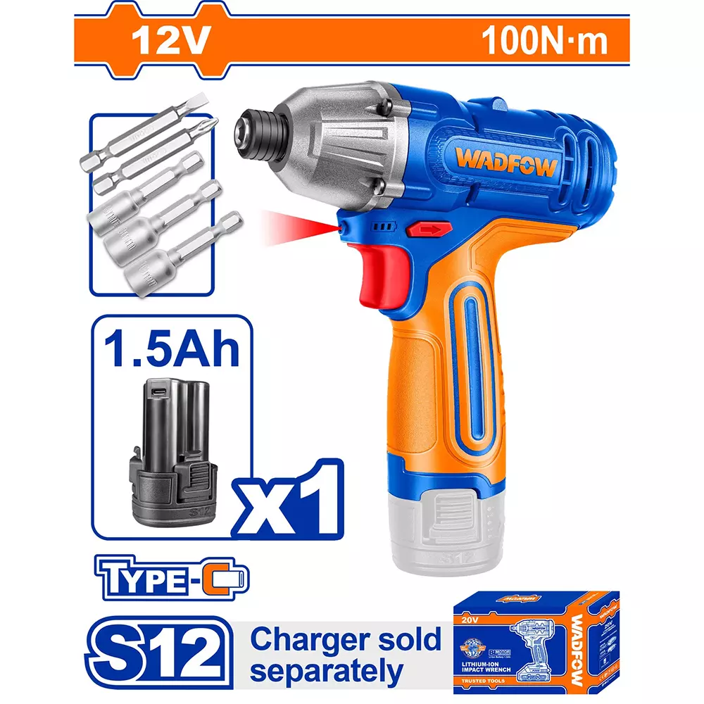 wadfow-cordless-impact-driver-14-inch-635-mm-hex-shank-2800-bpm-impact-rate-2000-rpm-no-load-speed-100-nm-torque-wcd25101