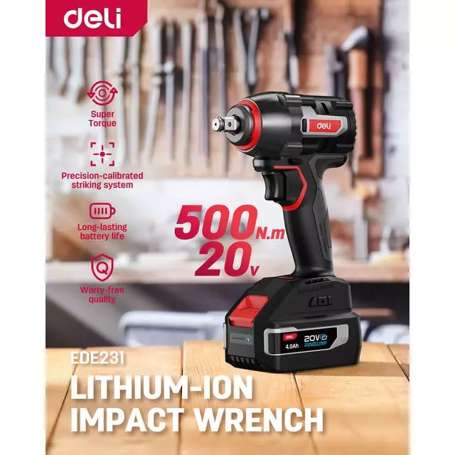 DELI Brushless Motor Impact Wrench 0-2400/2900 RPM, 500 N.m Max. Torque, EDE231