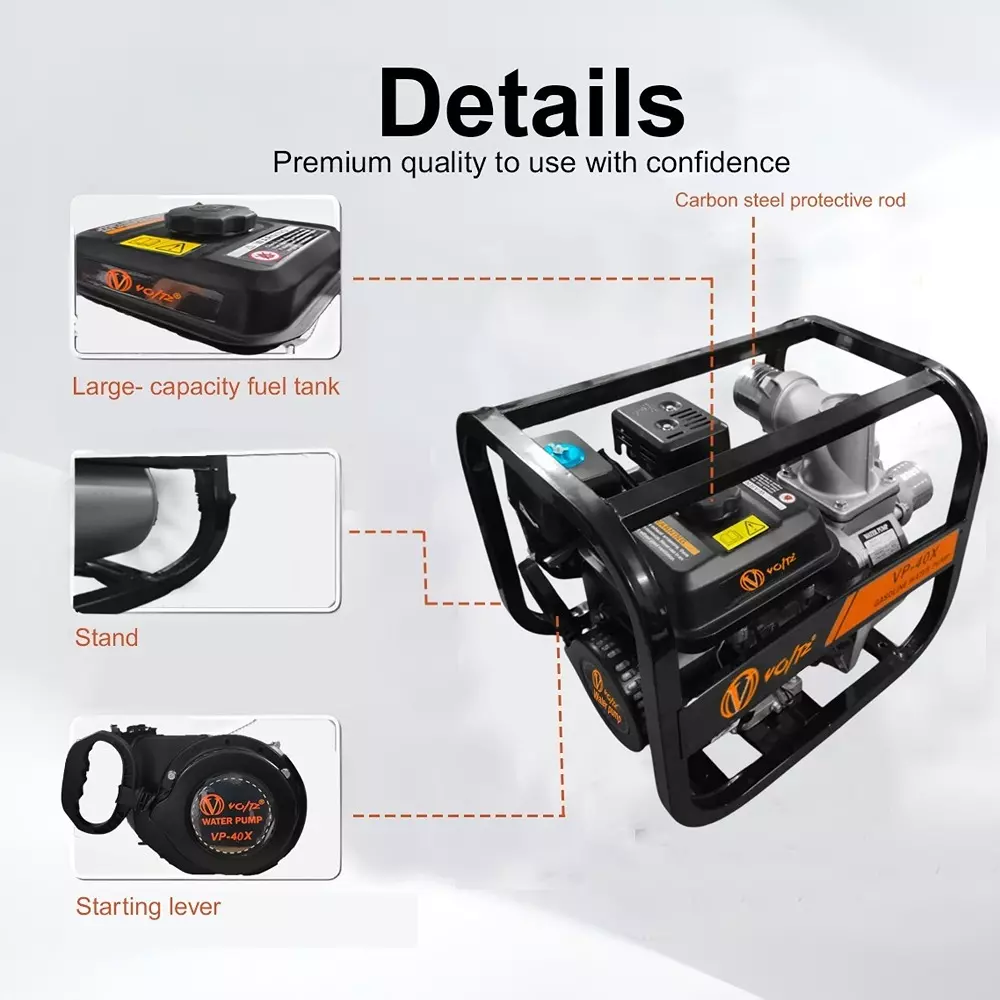 Voltz Gasoline Engine Water Pump 4 Stroke Torque 7 HP Fuel Power 212 cc Cast Iron Black for Water Pump Use, VP-40X
