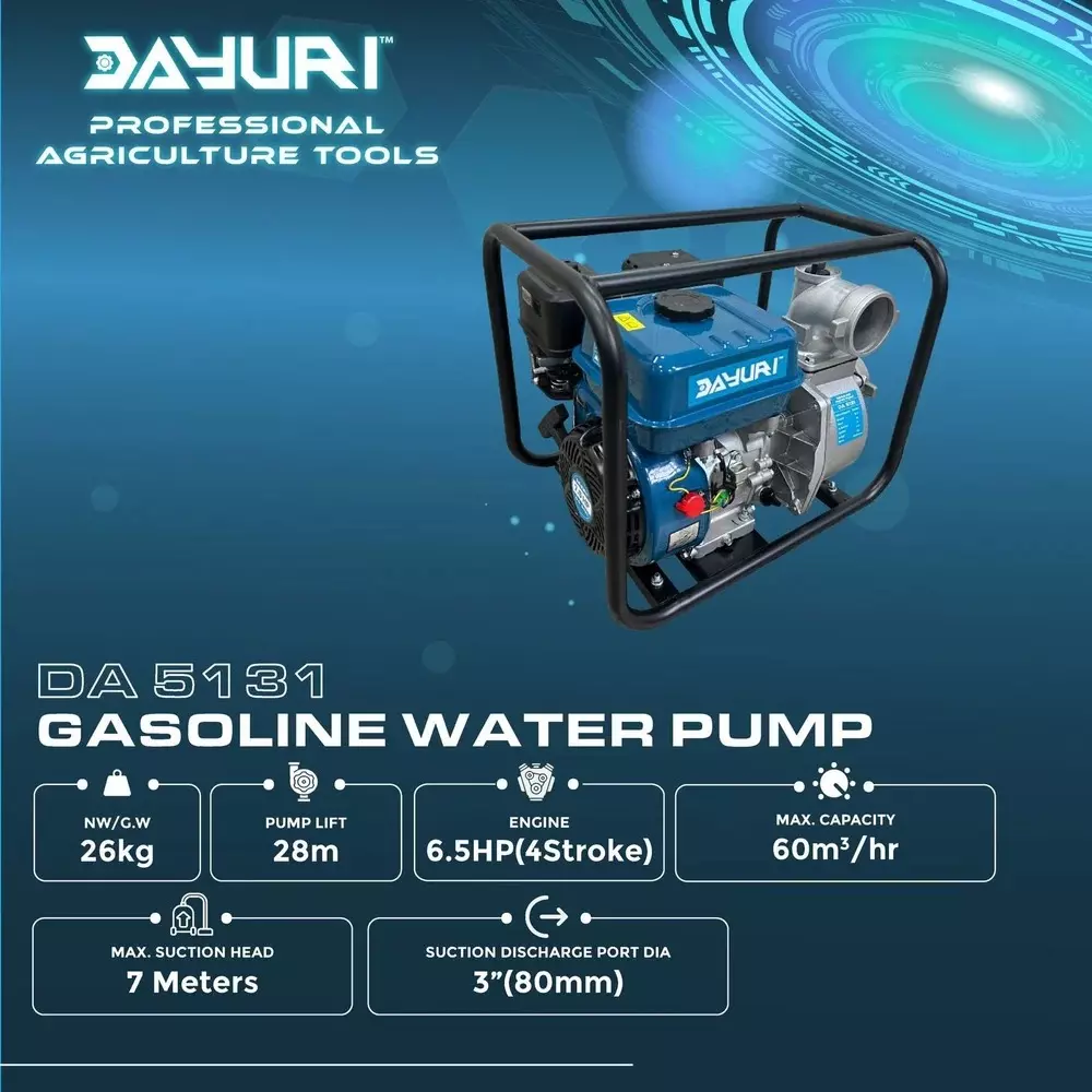 Dayuri 80 mm (3 inch) Gasoline Water Pump 4-Stroke 28 m Maximum Head, DA 5131