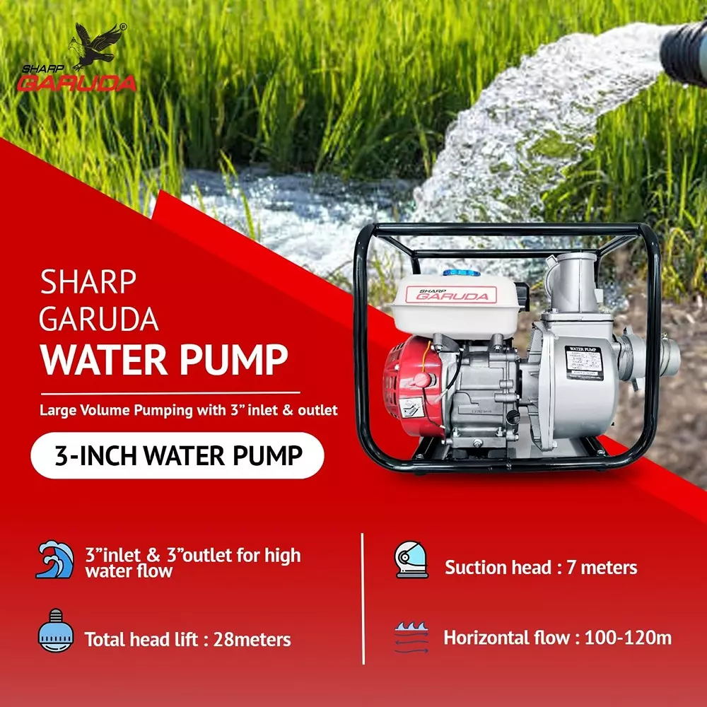sharp-garuda-water-pump-196cc-4-stroke-65-hp-petrol-engine-3-inch-762-mm-inletoutlet-for-irrigation-agriculture-construction-use