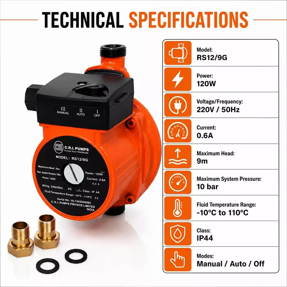 cri-016-hp-inline-circulatory-pump-with-mounting-bracket-120-w-1500-lph-flow-rate-head-range-0--9-m-rs129g