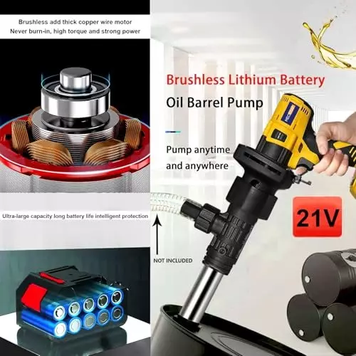 MECRAAF Cordless Portable Oil Pump with Battery & Charger Kit Brushless Motor 21 V 8000–10000 RPM Speed Yellow & Black, YBARREL