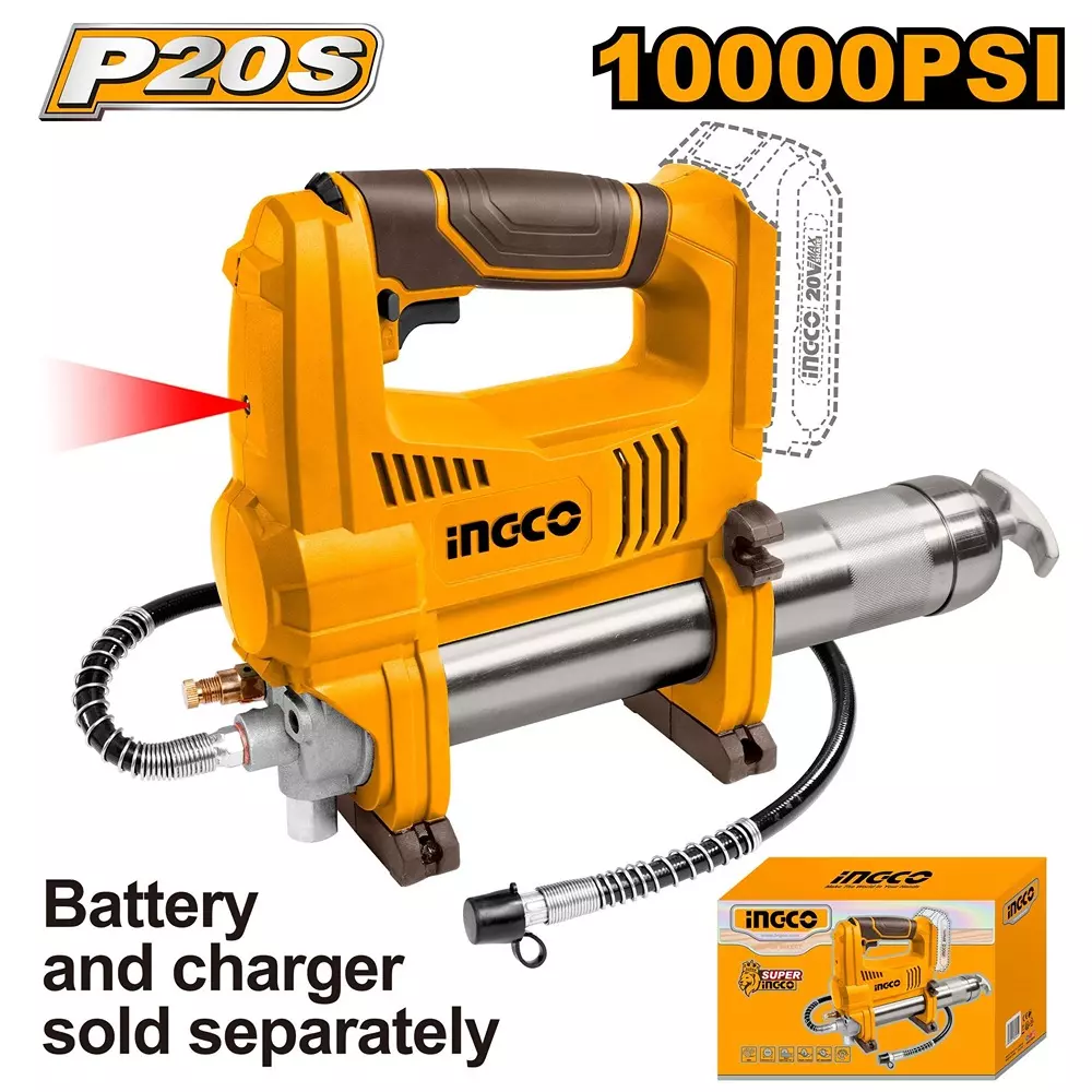 Ingco Cordless Grease Gun 453 g Grease Capacity and 282 g/min Flow Rate, GGLI2010 (Without Battery and Charger)
