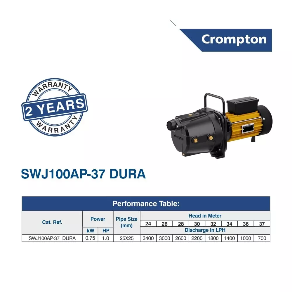 Crompton 1 HP Shallow Well Jet Pump Dura Series Single Phase and 3400-700 LPH Flow Rate, SWJ100AP-37 DURA