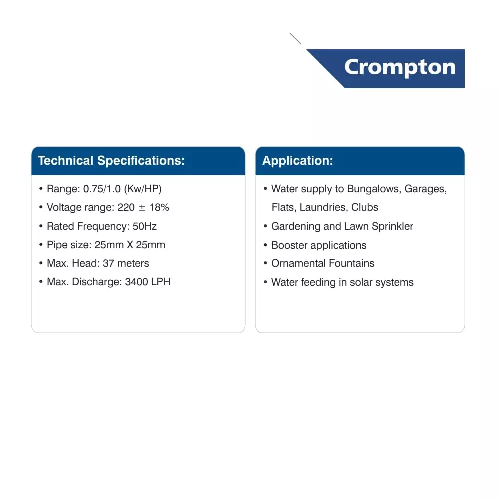 Crompton 1 HP Shallow Well Jet Pump Dura Series Single Phase and 3400-700 LPH Flow Rate, SWJ100AP-37 DURA