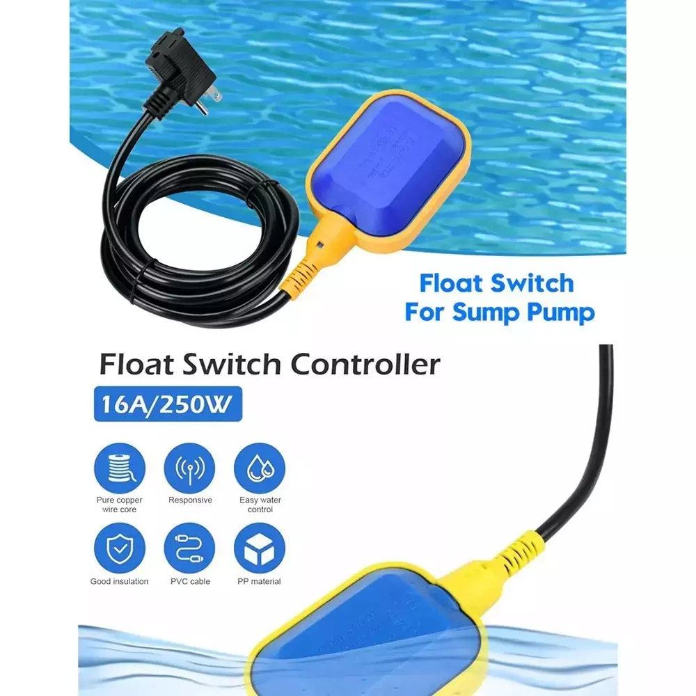 FTC Float Switch Polypropylene with 3 m PVC Wire for Sump Pump, Yellow & Blue