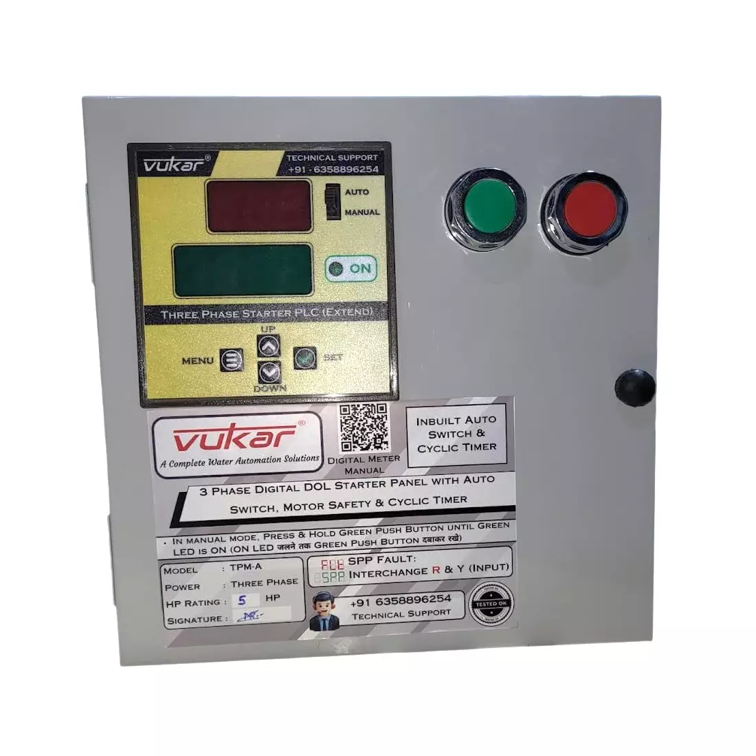 Vukar Three Phase 5 HP Digital DOL Starter Panel with Auto Switch, Timer & Motor Safety, TPM-A