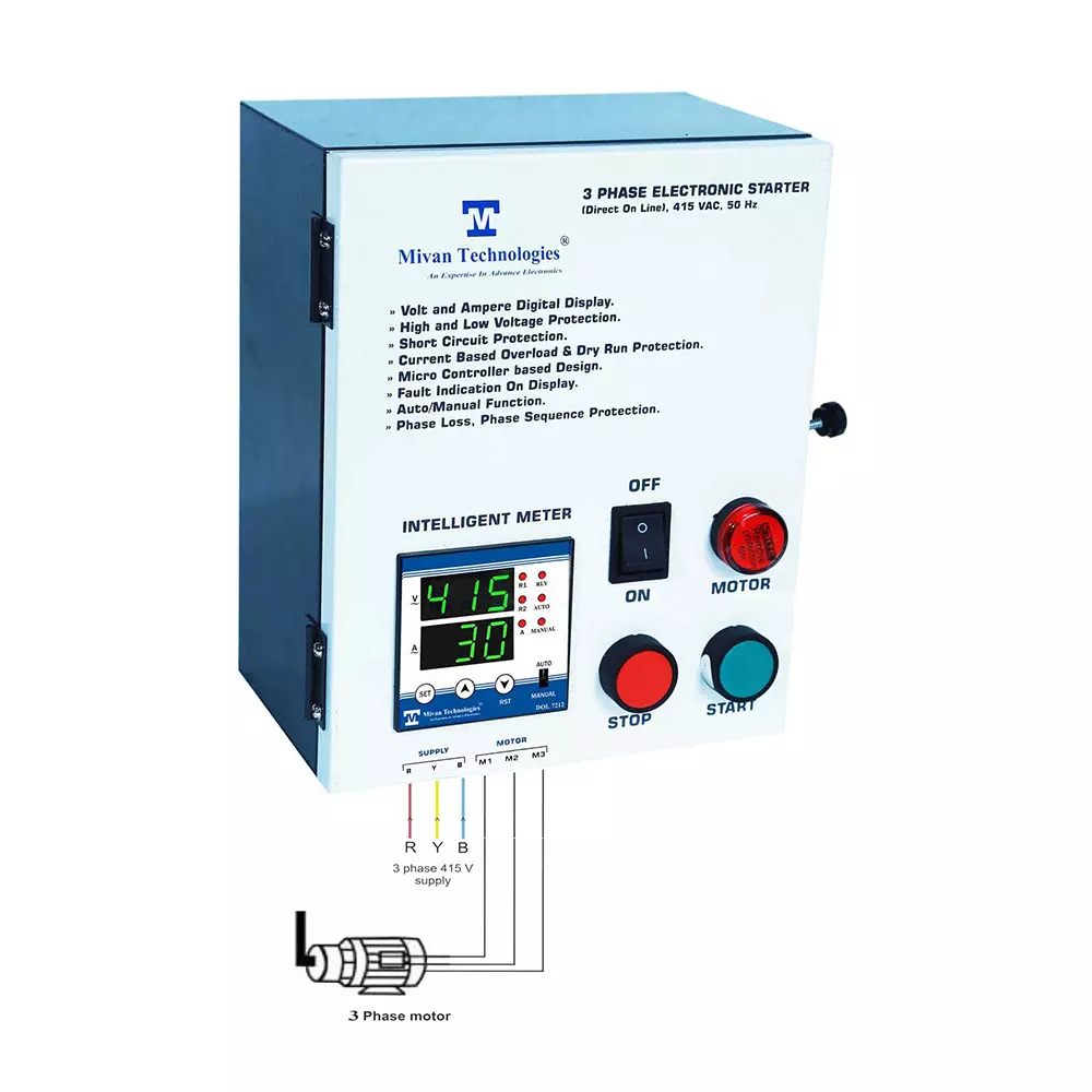 Mivan Technologies 3 Phase Heavy Duty Dol Motor Starter With Hv/Lv, Ol, Dry Run Protection, Auto Switch, Spp & Timer For Up To 7.5 HP, EDOL 18