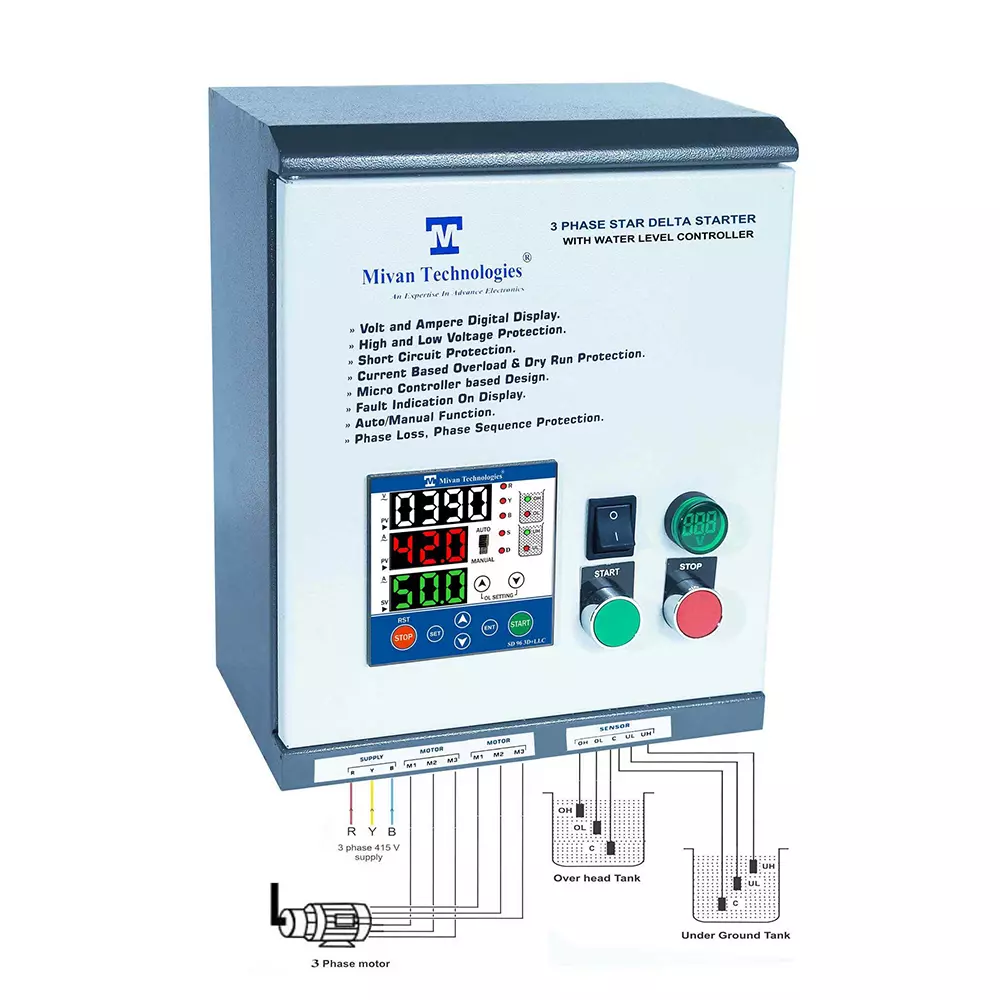 Mivan Technologies 3 Phase Heavy Duty Water Level Controller With 3-Display & Star-Delta Motor Starter, Hv/Lv/Ol/Dry Protection, Auto Switch & Timer For 50 HP, SD806565 AG 30