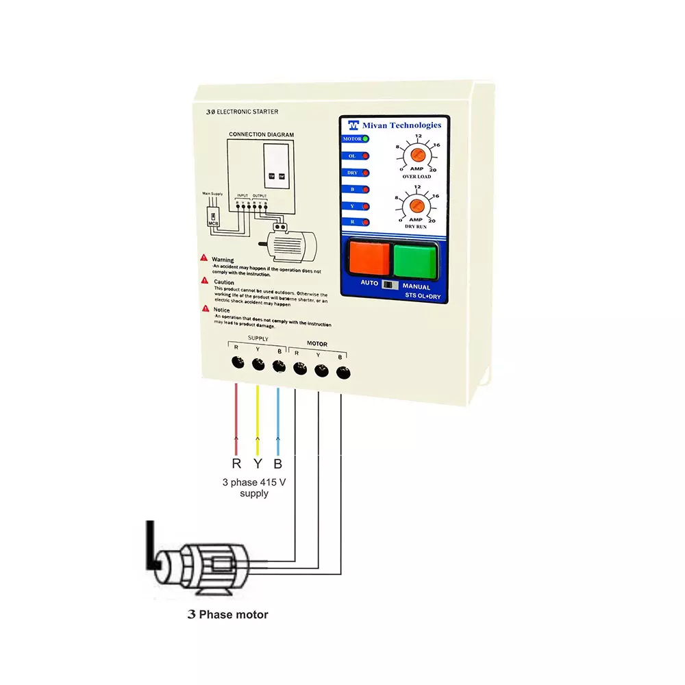 Mivan Technologies 3 Phase Dol Electronic Starter With Hv Lv Ol Dry Protections And Spp For Up To 10 HP, STS A OL