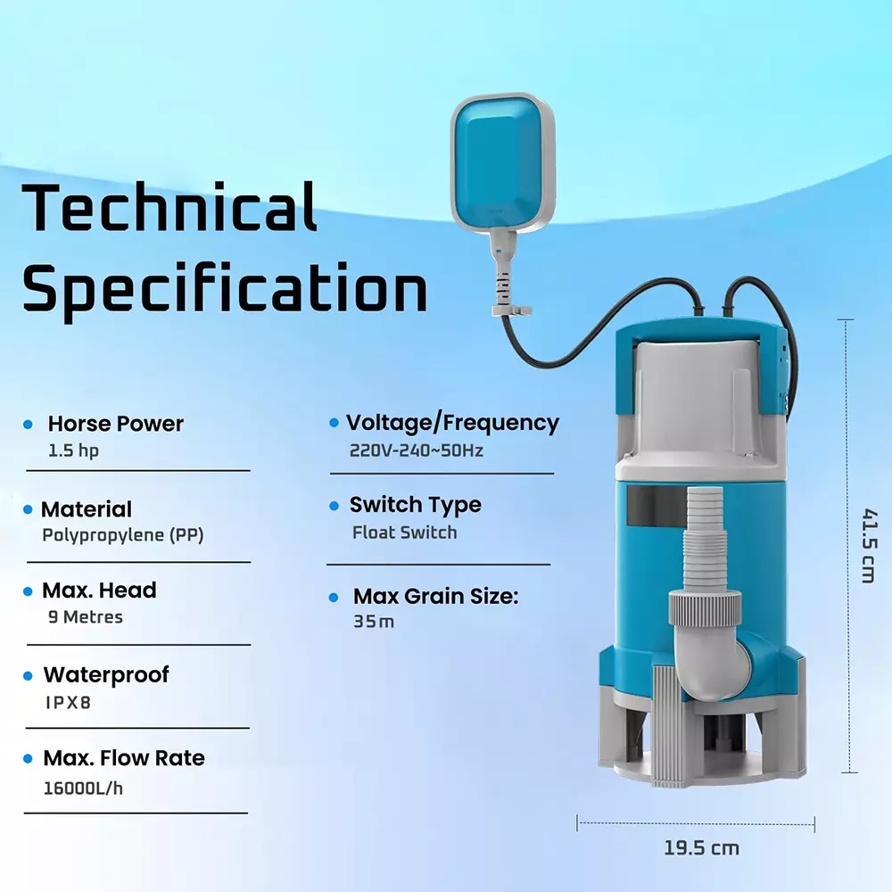 Fulcrum Plus Pure Copper Submersible Sewage Pump with Float Switch Single Phase 1.5 HP, FPS1100